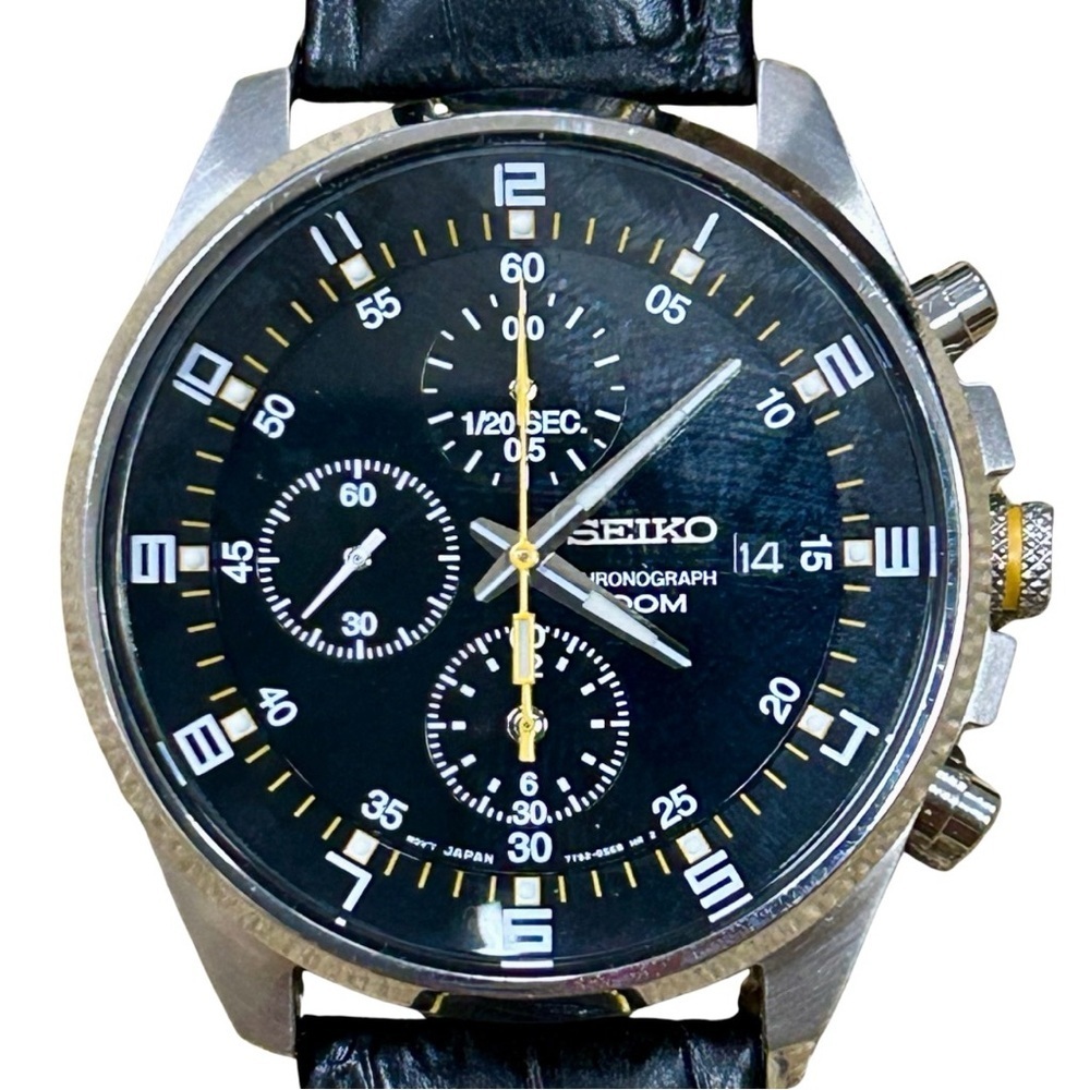Seiko Chronograph Men’s Watch – Stainless Steel & Black Calf Leather Strap - Picture 2 of 8